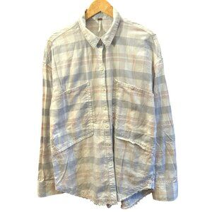 Free People Loveland Purple Pink Plaid Button Up Shirt Large Frayed Hem Preppy